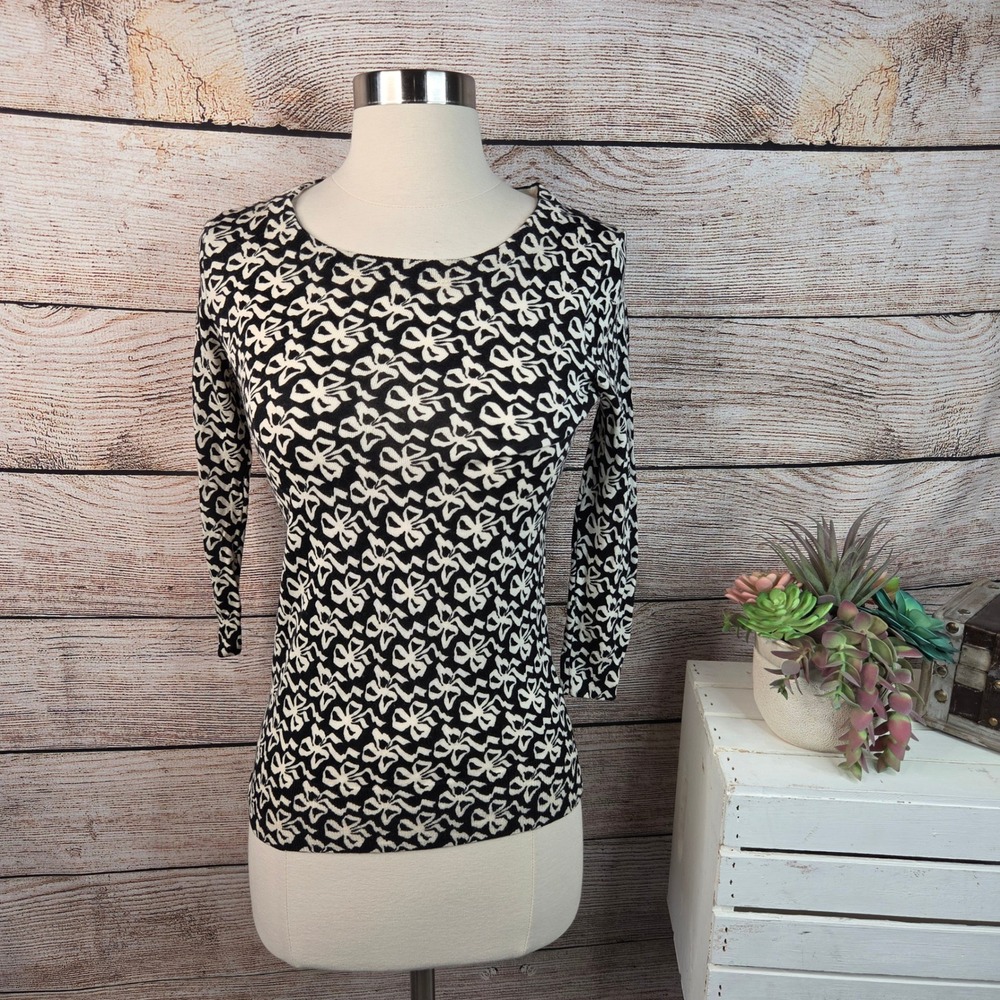 5/$25 J.Crew Womens XXS Black‎ Cream Bow 100% Merino Wool 3/4 Sleeve Sweater